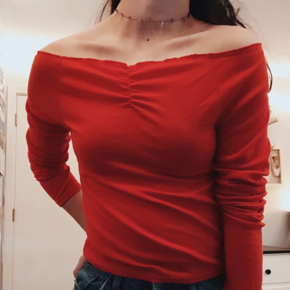 Off shoulder red shirt